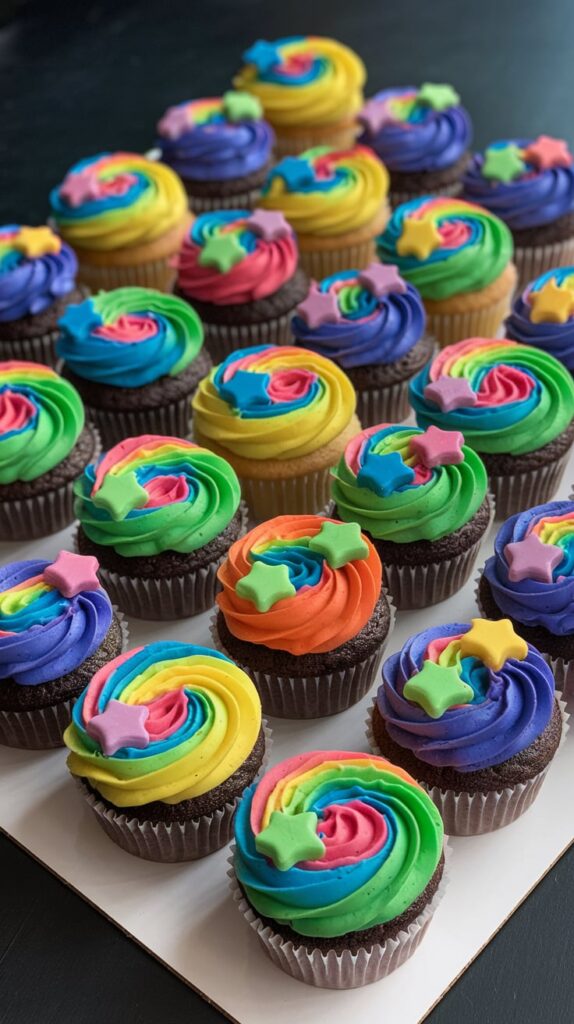 Cupcakes topped with rainbow-swirled neon frosting and candy star accents