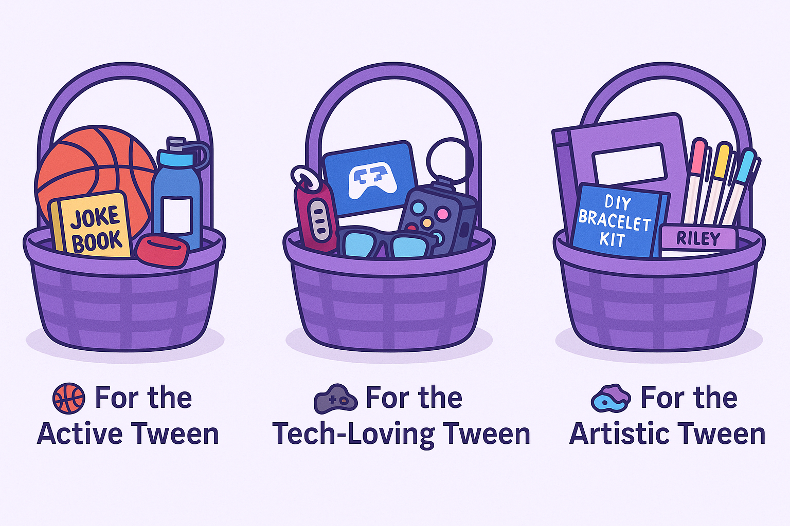 “Cartoon-style collage of Easter basket ideas for tween boys featuring three themed baskets: one for the active tween with sports items, one for the tech-loving tween with gadgets, and one for the artistic tween with creative supplies.