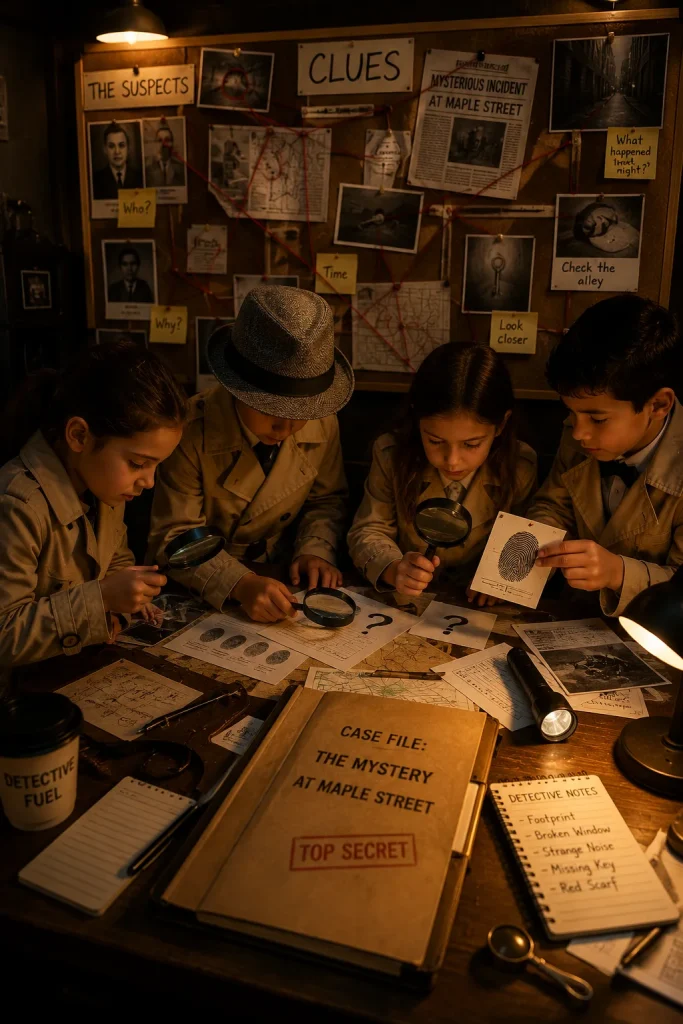 Kids examining clues at a junior detective mystery birthday party