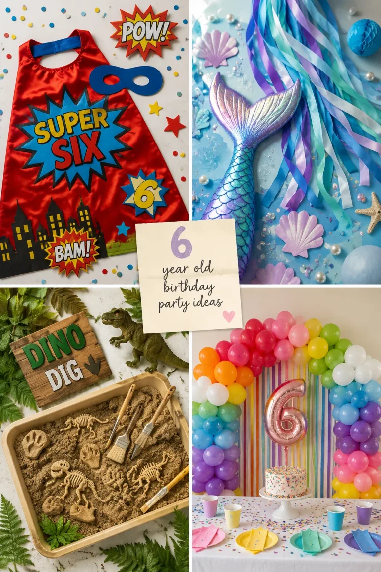 A bright, joyful flat-lay collage of four mini party scenes — a superhero cape, a mermaid tail streamer, a dinosaur dig tray, and a rainbow balloon arch — arranged like a mood board, with soft natural light and confetti scattered between them