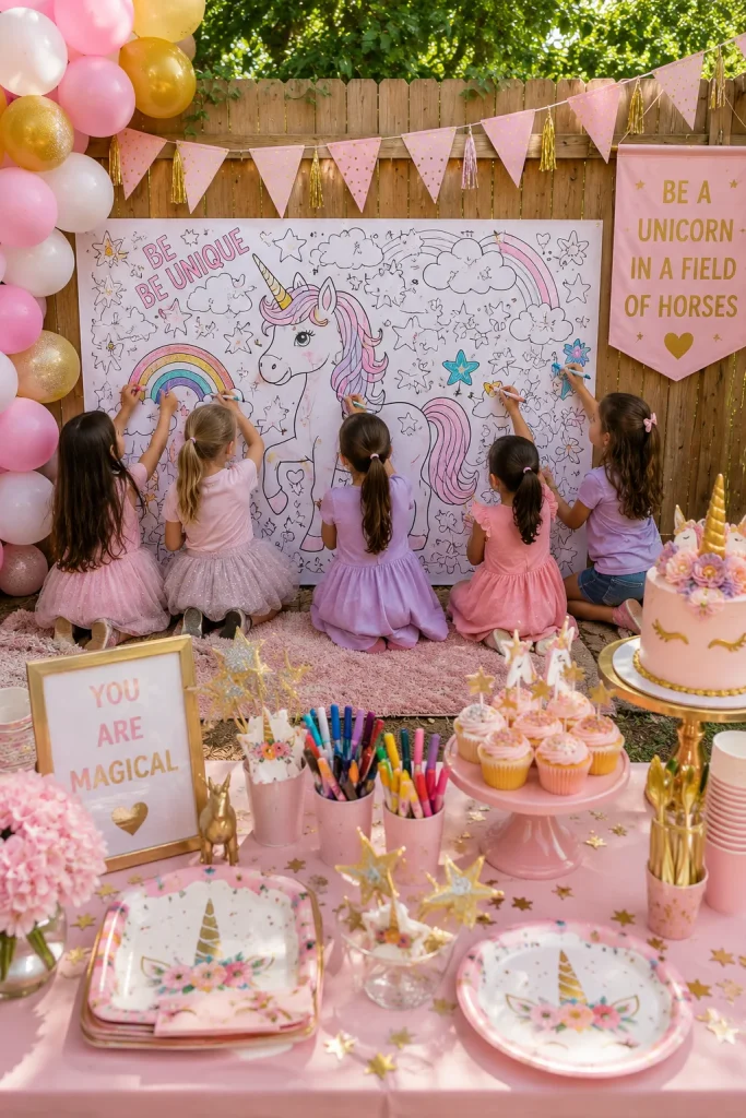 Kids coloring a giant unicorn poster at a pastel unicorn birthday party