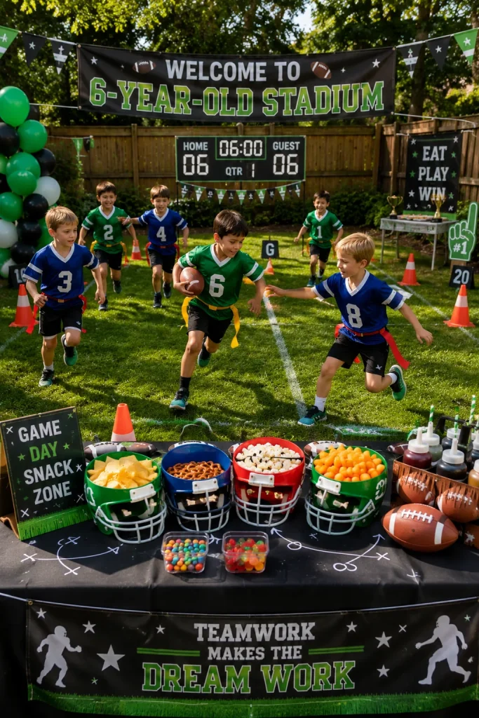 Kids playing sports at a sports all-stars themed backyard birthday party