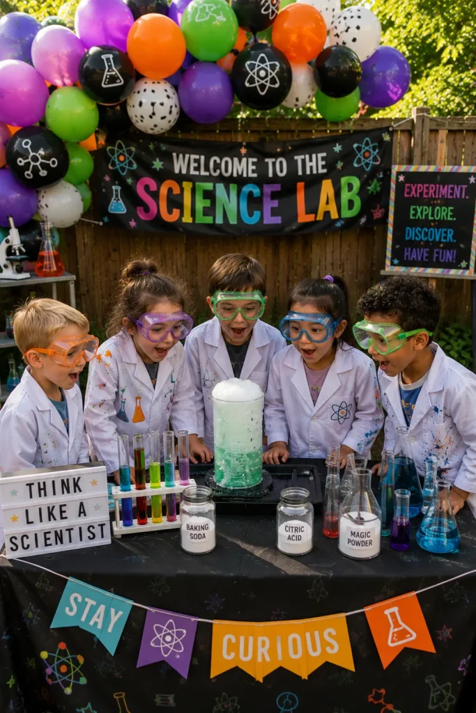 Kids in goggles at a mad science lab themed birthday party