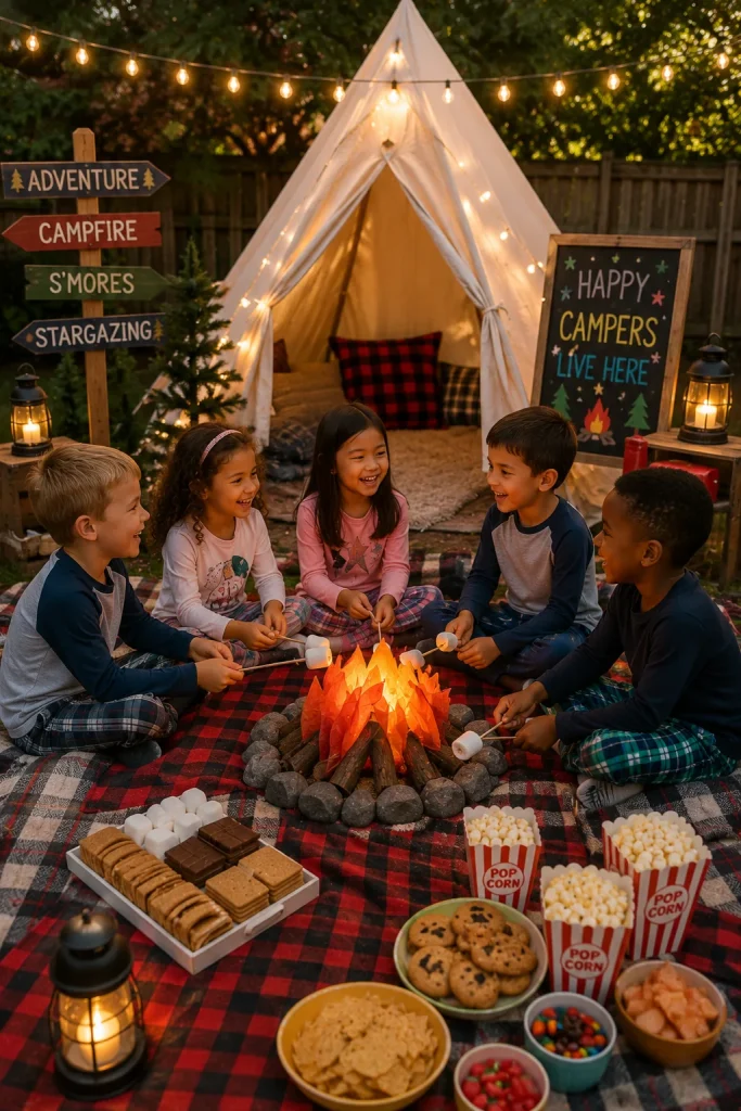 Kids around a campfire at a backyard camping themed birthday party