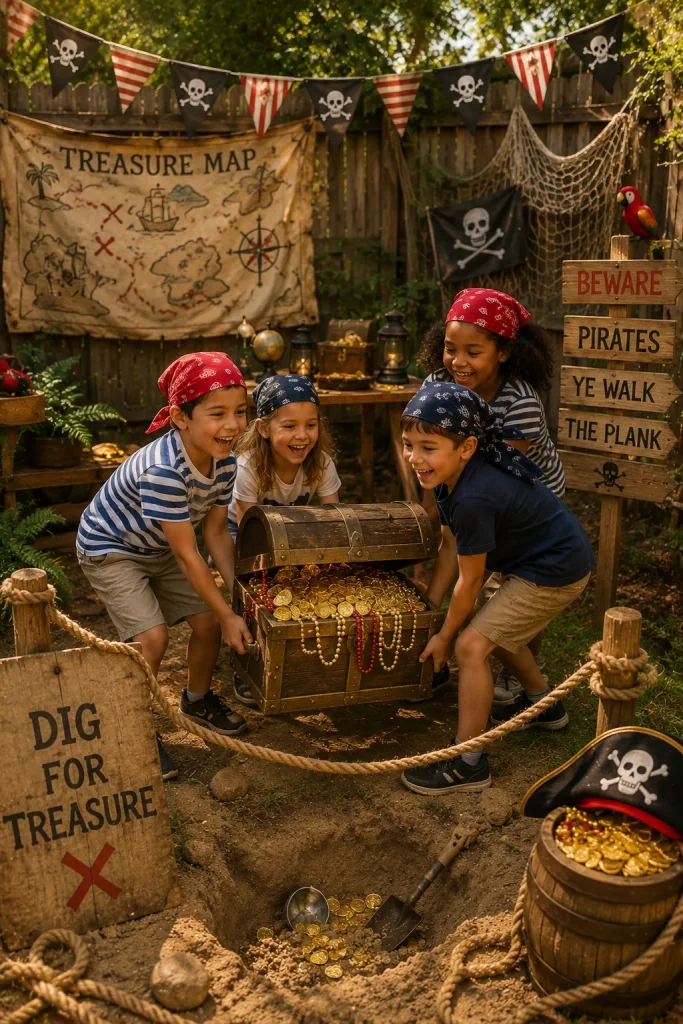 Kids in bandanas opening a pirate treasure chest at a birthday party