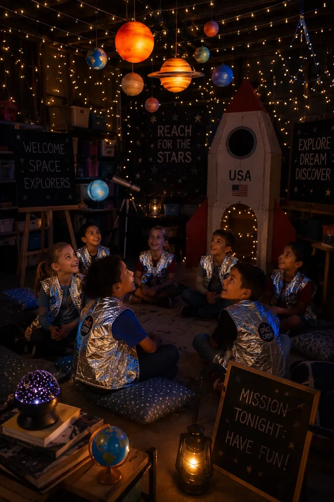 Kids in silver astronaut vests at a space mission birthday party with star lights