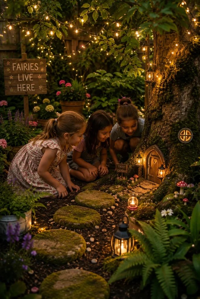 Kids discovering miniature fairy doors in an enchanted garden birthday party