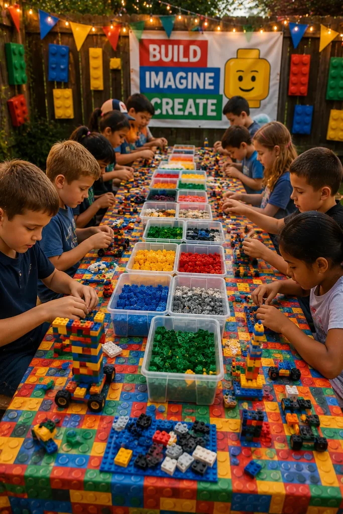 Kids building with colorful bricks at a building brick birthday party