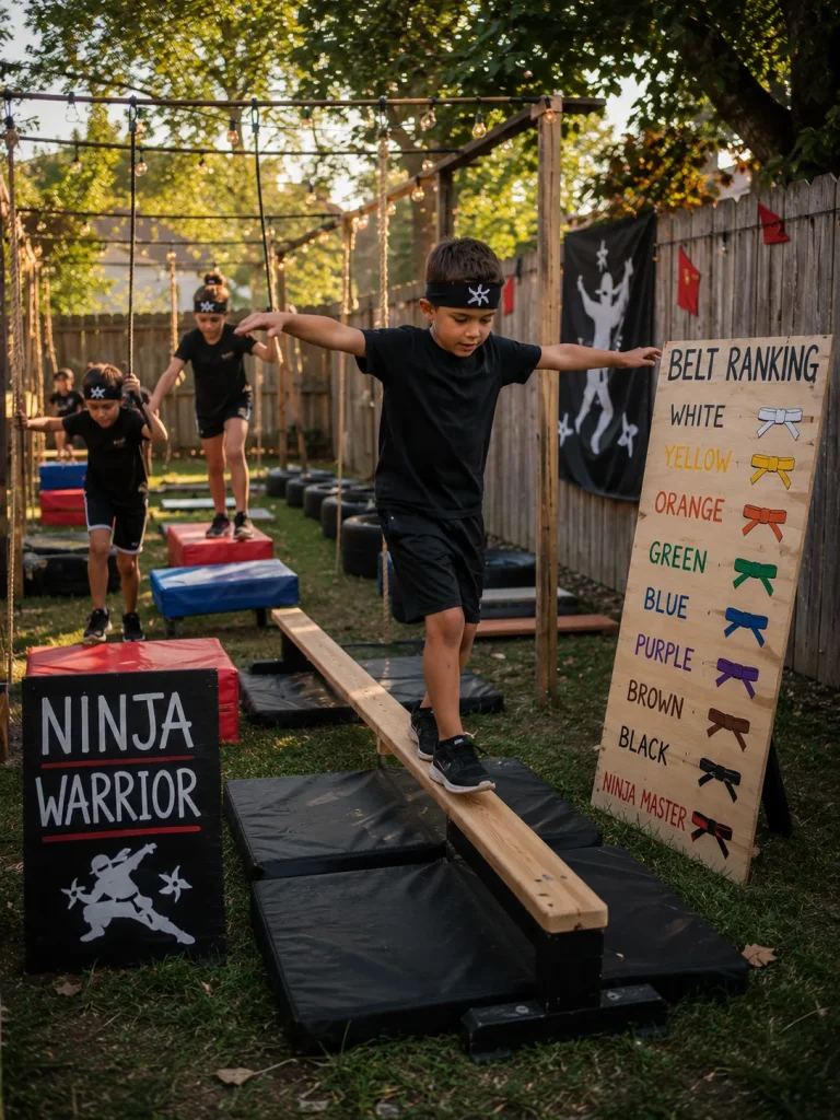 Kids balancing on a ninja training obstacle course at a birthday party