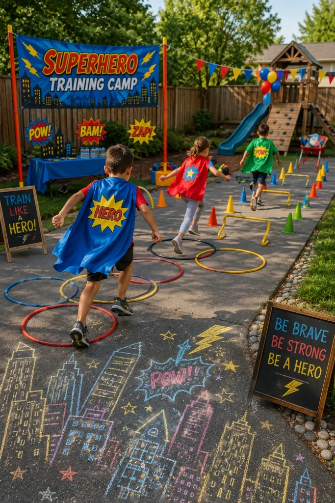 Kids running a backyard superhero training camp obstacle course in capes