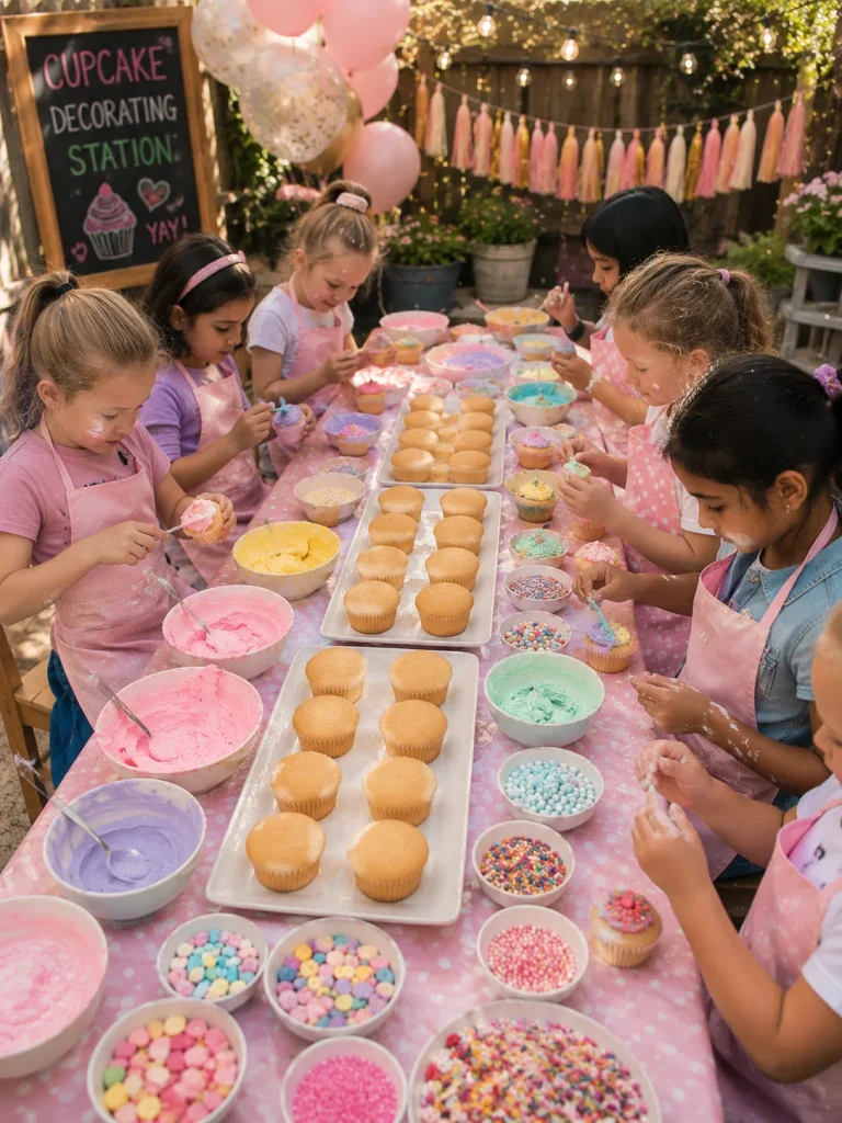Kids decorating cupcakes with frosting and sprinkles at a birthday party