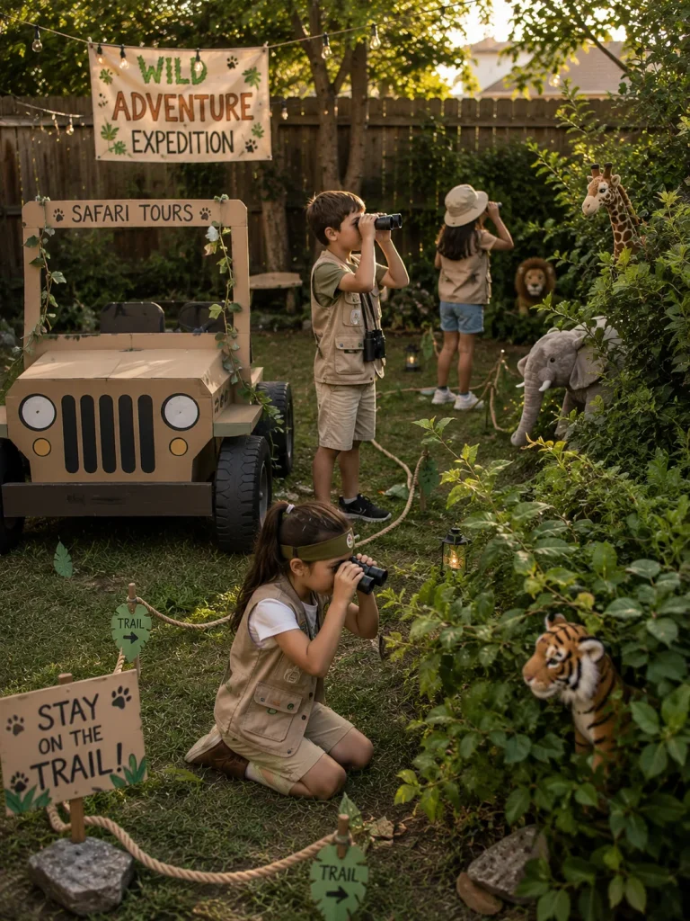 Kids on a safari jeep adventure themed backyard birthday party