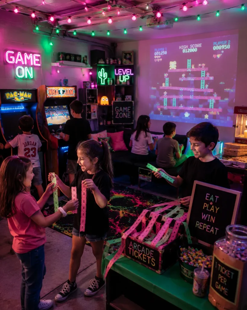 Neon lit retro arcade birthday party setup with pixel graphics
