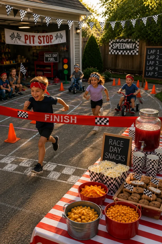 Kids racing on a chalk marked race car speedway birthday party