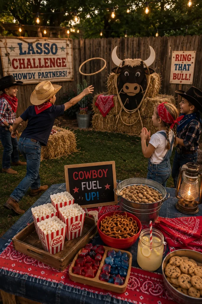 Kids playing ring toss at a wild west rodeo themed birthday party