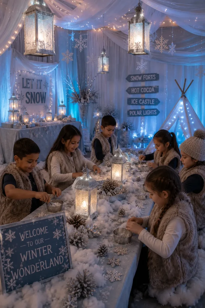 Icy blue and white winter ice palace themed birthday party decor