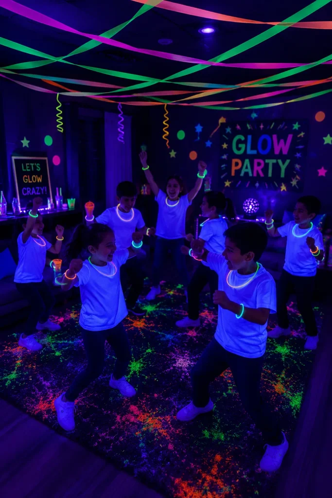 Kids dancing under blacklight at a neon glow birthday party