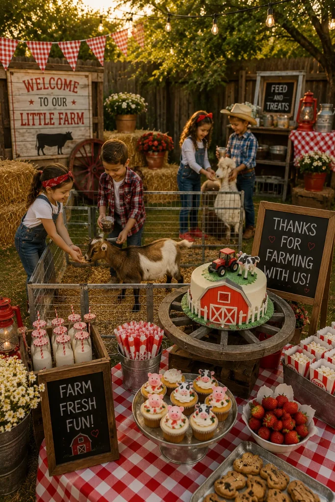 Straw bales and gingham decor at a barnyard farm birthday party