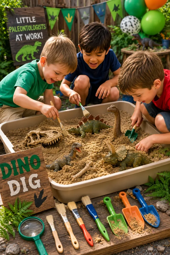 Kids digging for dinosaur fossils in a sand dig site at a birthday party