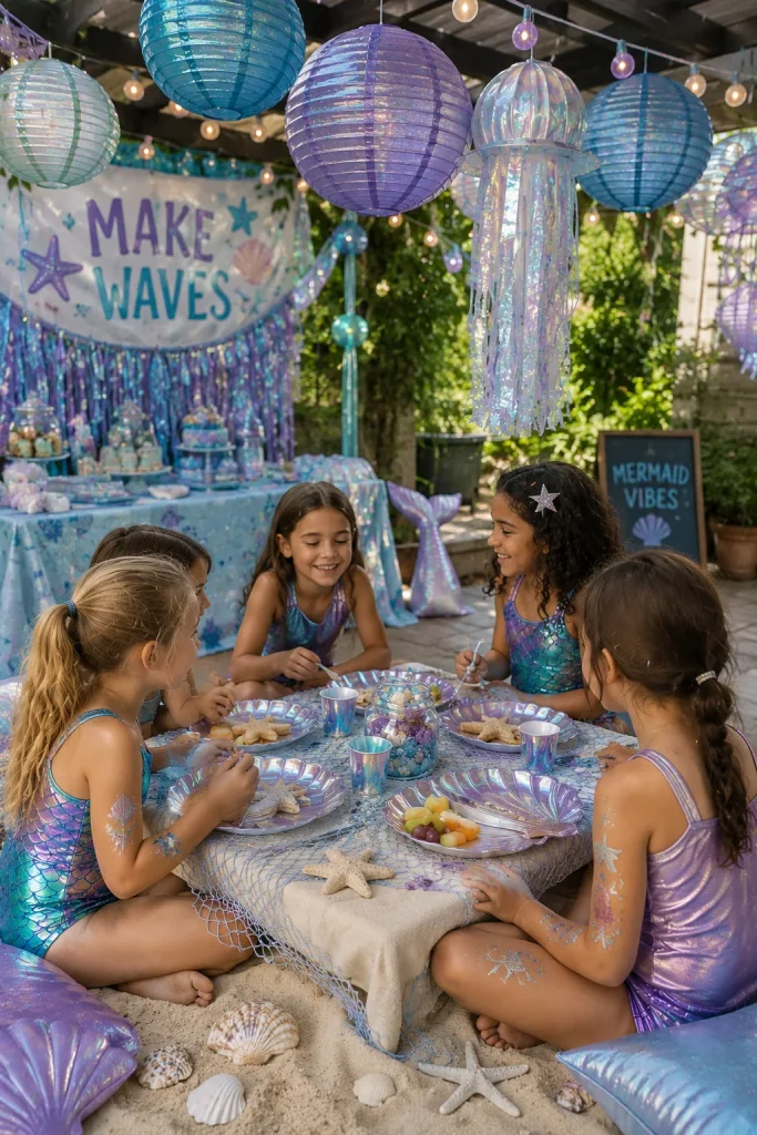 Mermaid lagoon birthday party patio with iridescent lanterns and shimmery decor