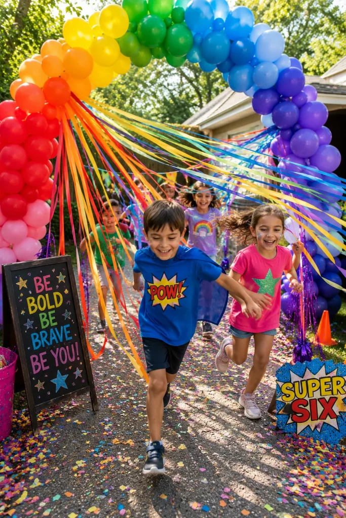 Rainbow balloon arch at a backyard birthday party with colorful ribbon streamers