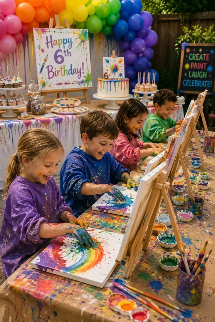 Kids painting at an art studio themed birthday party easel station