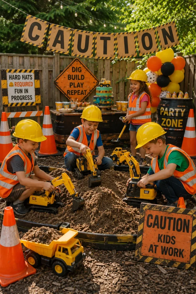 Kids in hard hats at a construction zone themed birthday party
