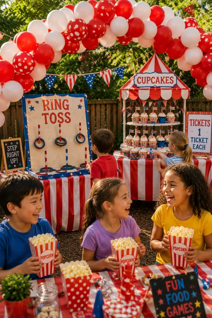 Backyard carnival birthday party with striped balloon arch and ring toss booth