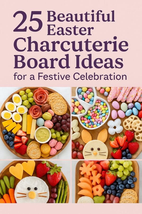 A Pinterest-style collage featuring five vibrant Easter charcuterie board ideas on wooden platters, including bunny-themed snacks, pastel candies, fruit and cheese arrangements, and festive deviled eggs, all set against soft spring backgrounds with playful pastel colors.