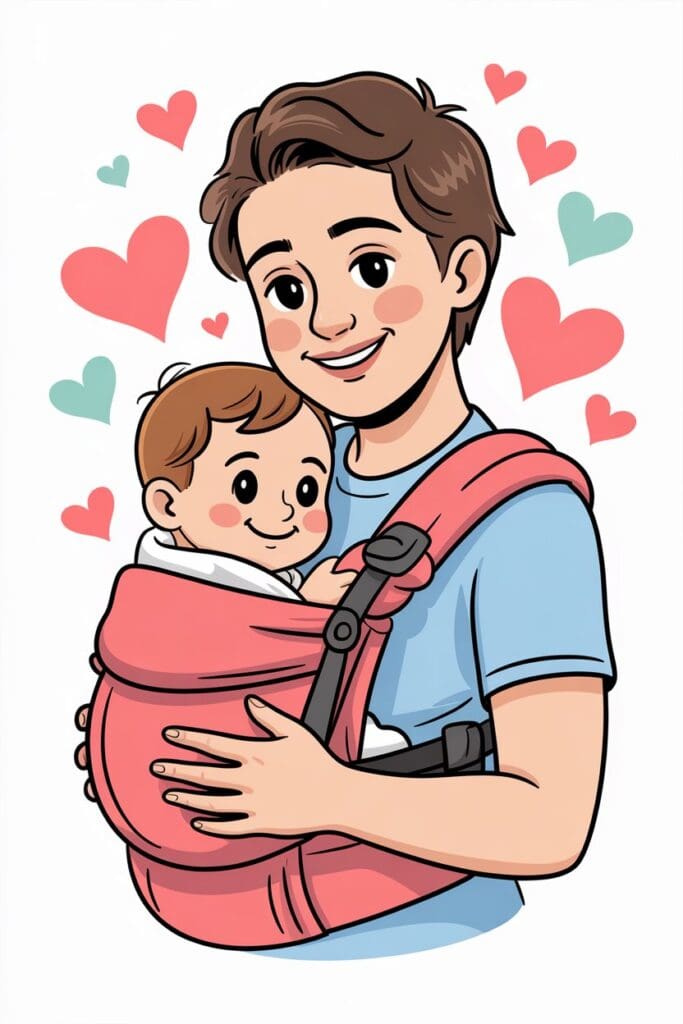 "Cartoon emphasizing the emotional and physical benefits of babywearing for newborns, supporting strong baby bonding benefits."