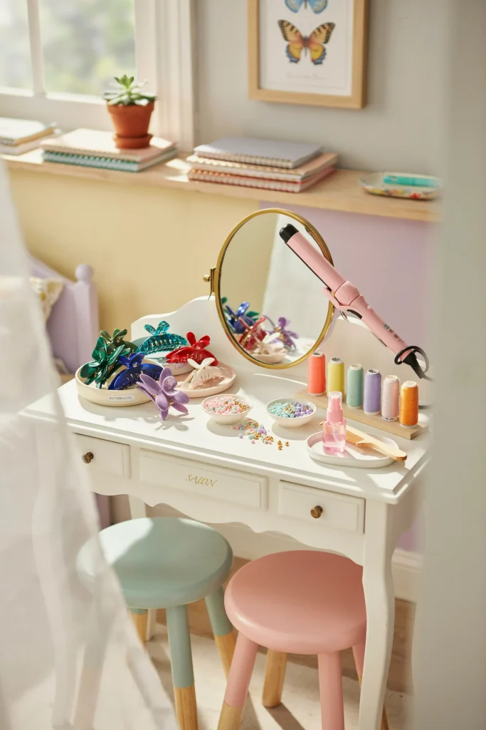 Butterfly clip and hair wrap salon station for a 90's kids birthday party