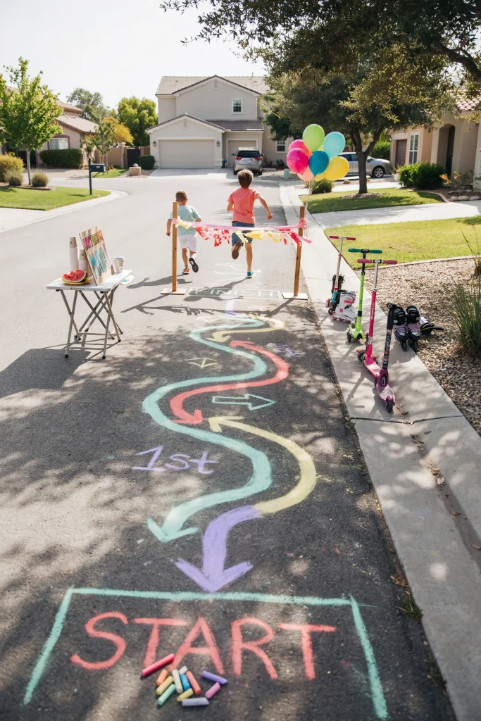 Rollerblade and scooter relay course marked with chalk cones for a 90's kids party