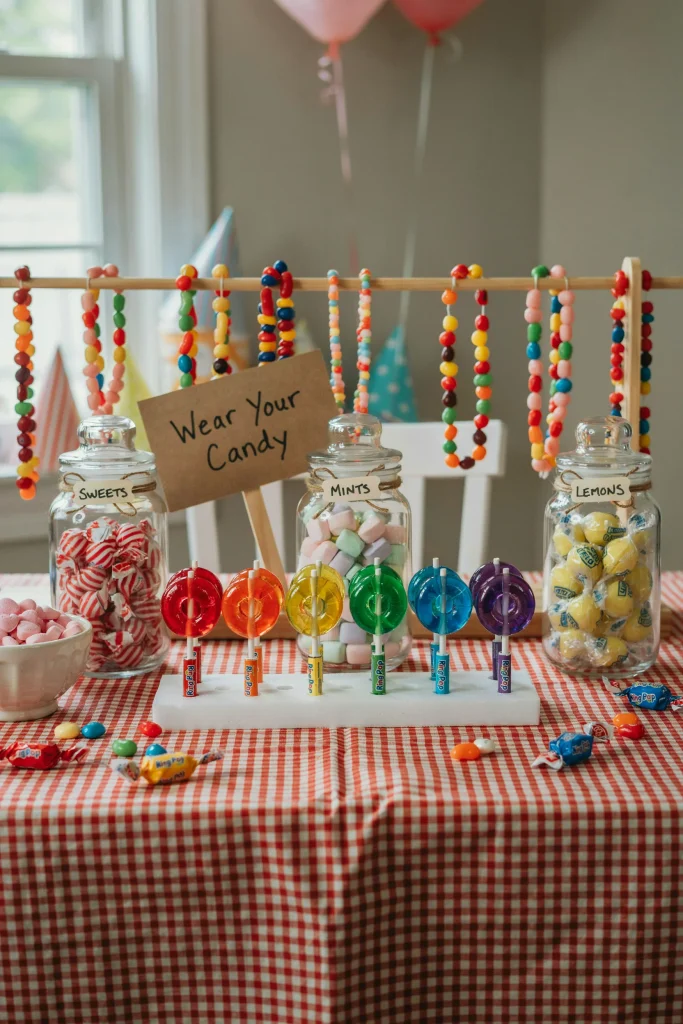 Ring pop and candy necklace bar styled as a 90's party favor and snack station