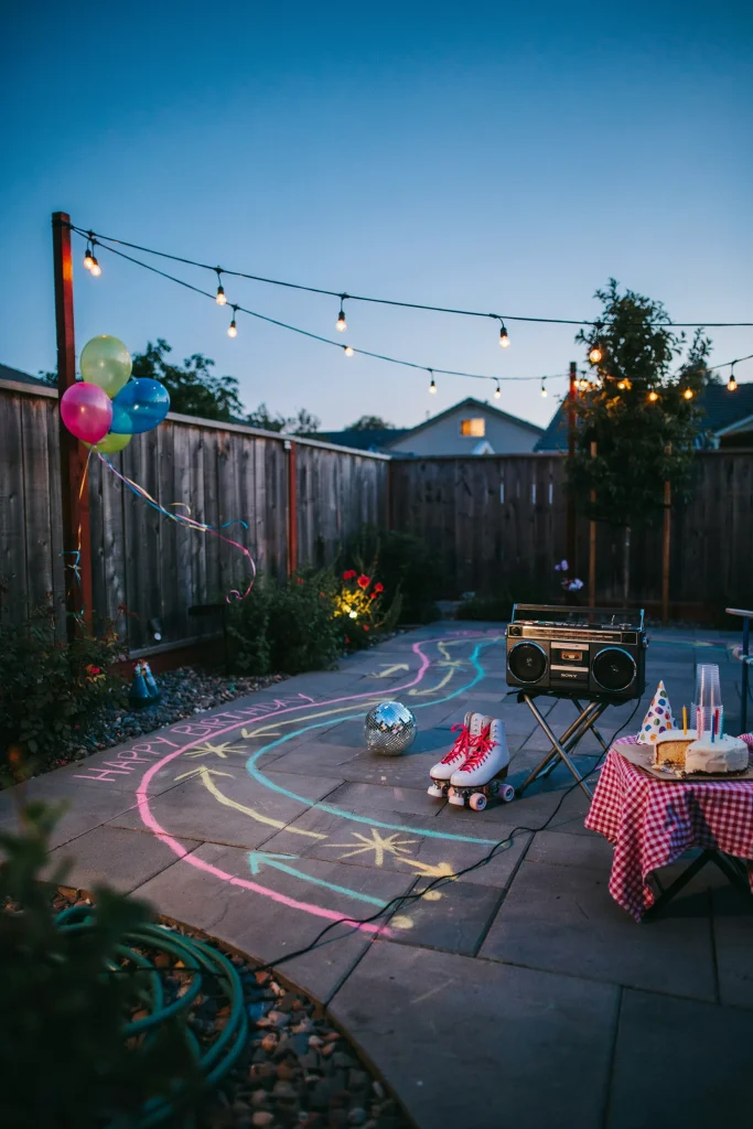 Backyard roller rink skate corner set up with string lights for a 90's themed party