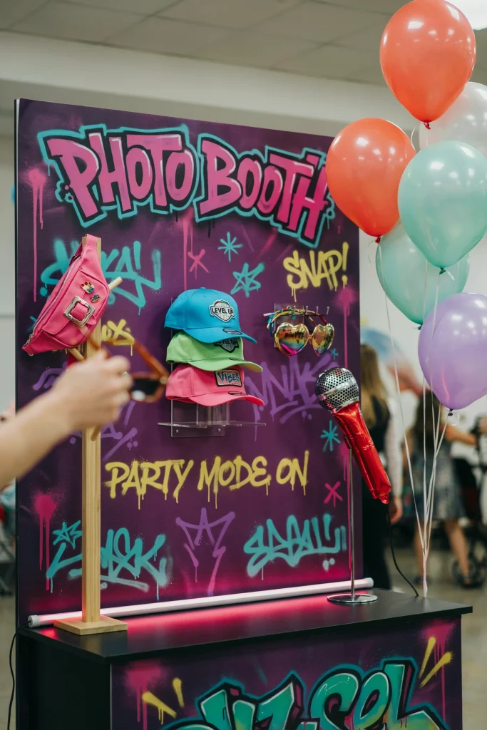 90's fashion photo booth with neon fanny packs and snapback caps for kids