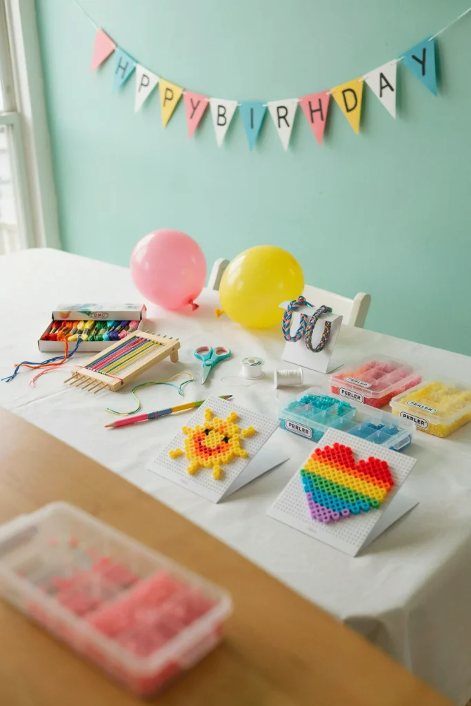 Friendship bracelet and perler bead craft table for a 90's kids party
