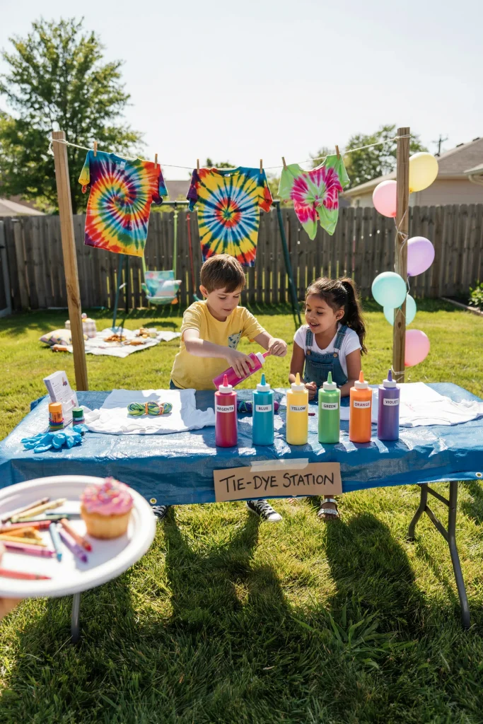Outdoor tie-dye craft bar with squeeze bottles of dye and drying t-shirts