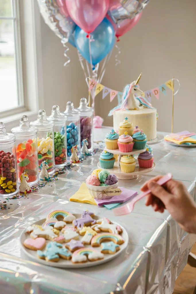 Rainbow Lisa Frank inspired snack table with holographic tablecloth and colorful candy jars