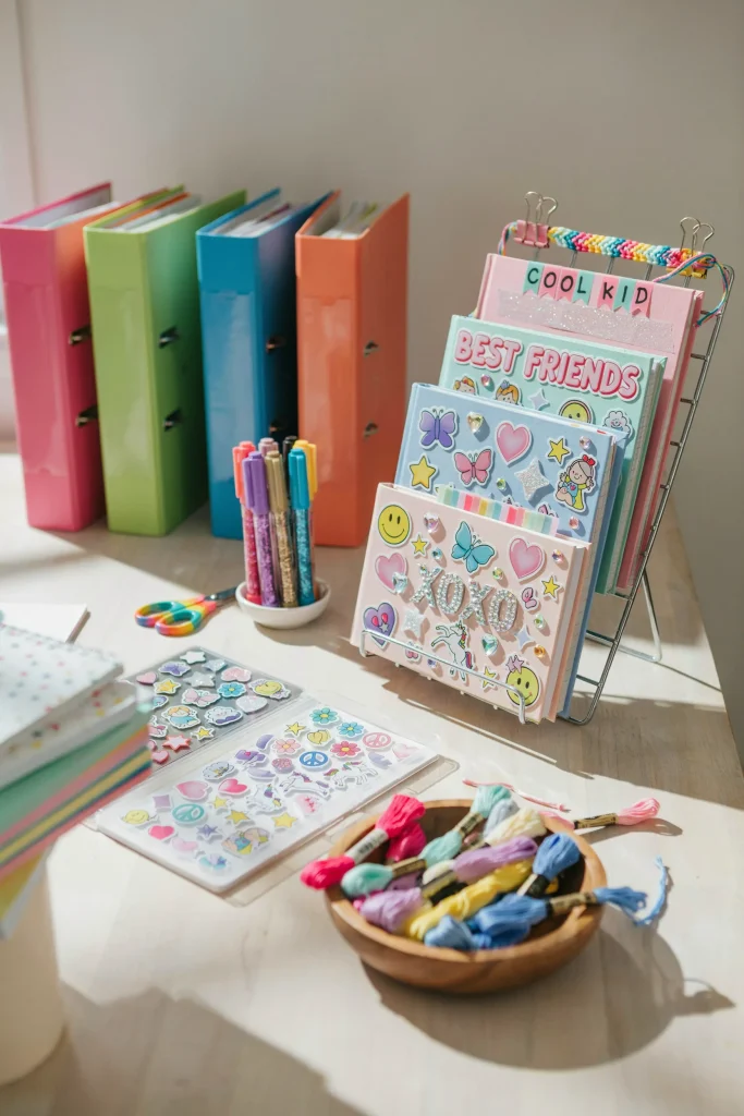 Trapper keeper sticker and bracelet decorating station for a 90's kids party favor
