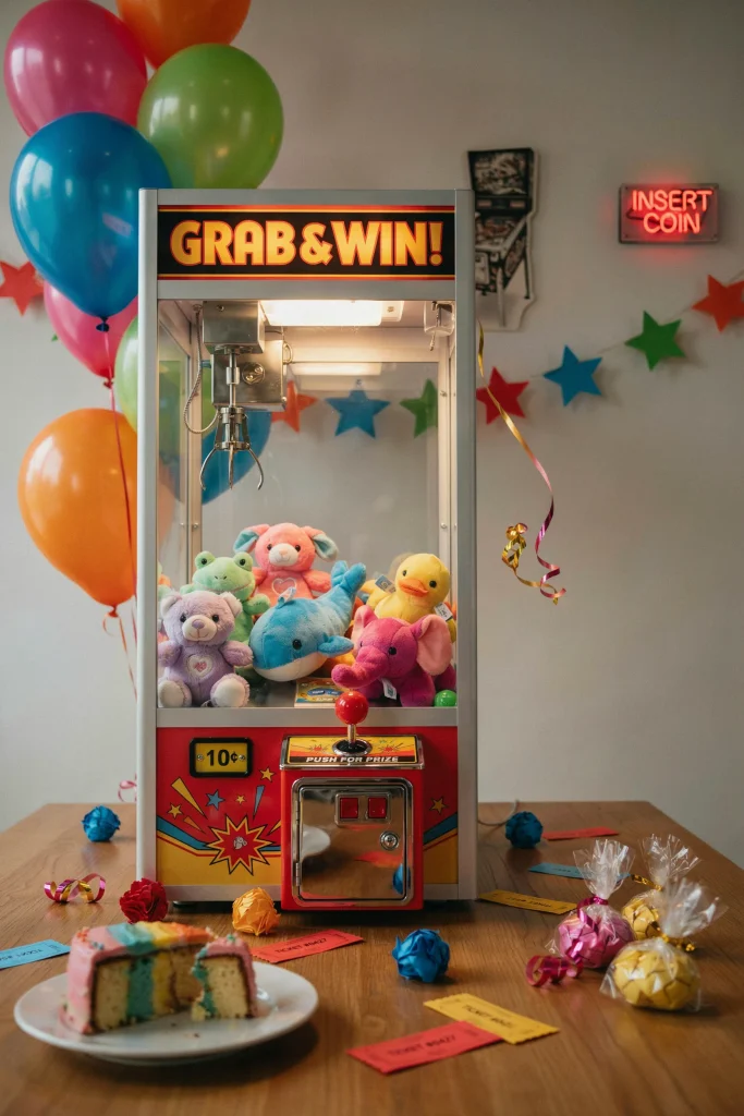 Tabletop claw machine filled with plush Beanie Baby style animals for a 90's party