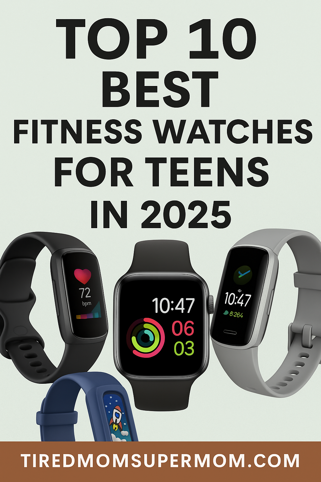 A Pinterest pin image showcasing the “Top 10 Best Fitness Watches for Teens in 2025” with bold black text on a soft mint green background. Four smartwatches are displayed prominently below the title, including a sleek black Apple Watch, a colorful Fitbit with a heart rate display, a gray fitness band showing step count, and a blue kid-friendly tracker with a cartoon rocket design. The bottom of the image features the website name “tiredmomsupermom.com” on a warm brown banner.