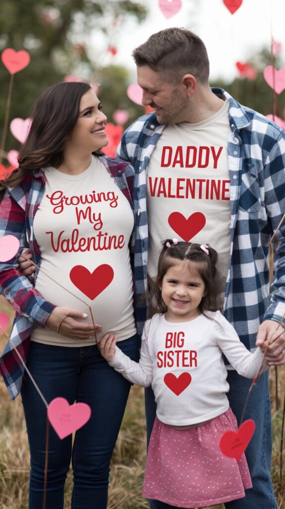 Family wearing coordinated Valentine's themed shirts reading Growing My Valentine, Big Sis, and Daddy to Be