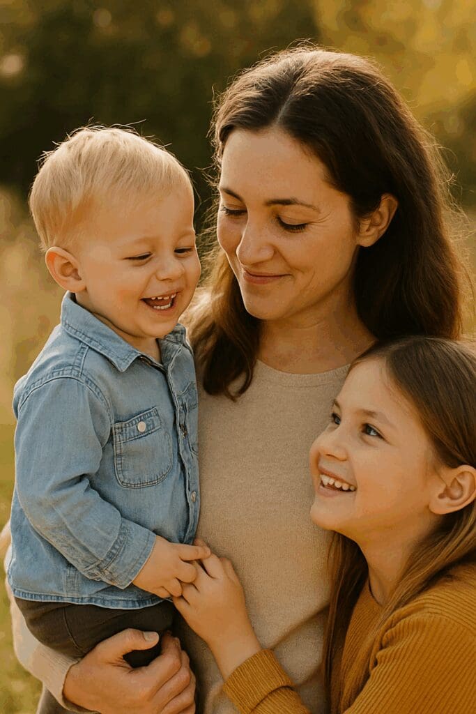 A loving mother smiling with her young children in nature, showing emotional connection — how to raise resilient kids.
