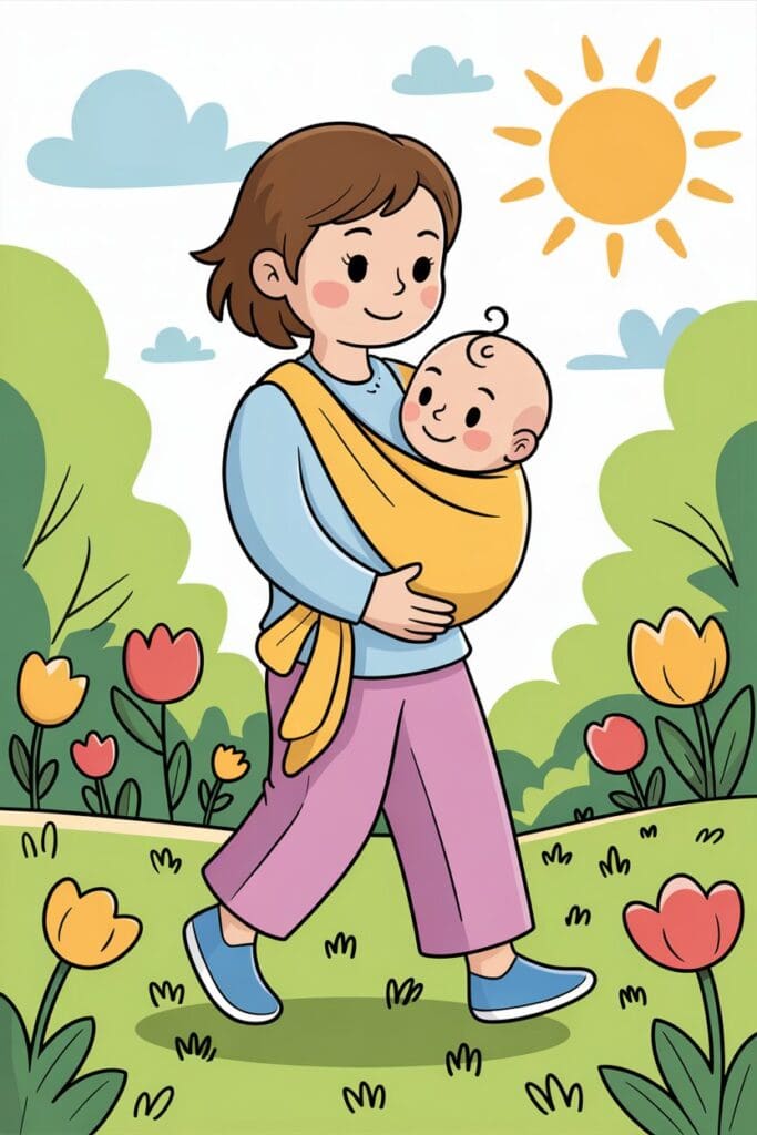 "Illustration highlighting baby bonding benefits and showing the calming benefits of babywearing for newborns at home."