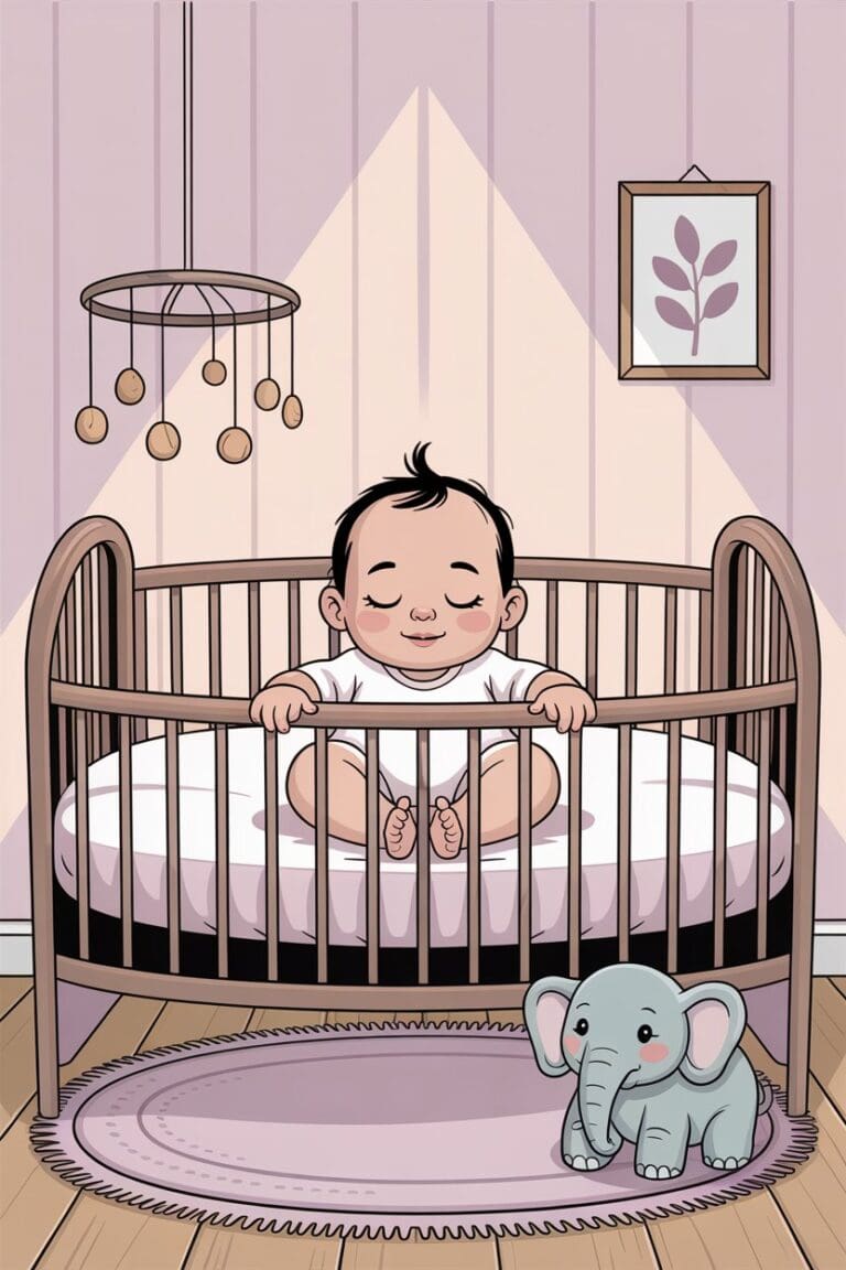 Calming cartoon of a modern, clutter-free nursery with a baby and just a few neatly arranged essentials.