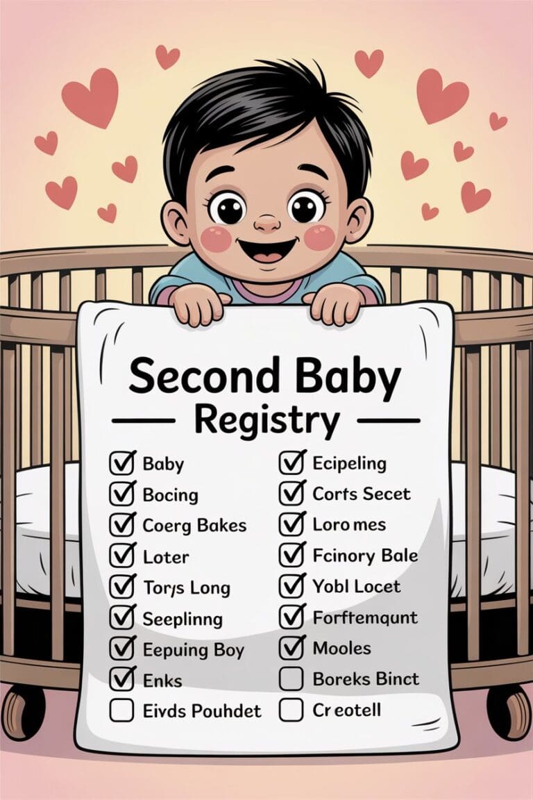 Cartoon checklist scene showing a streamlined second baby registry with a toddler peeking over a crib.