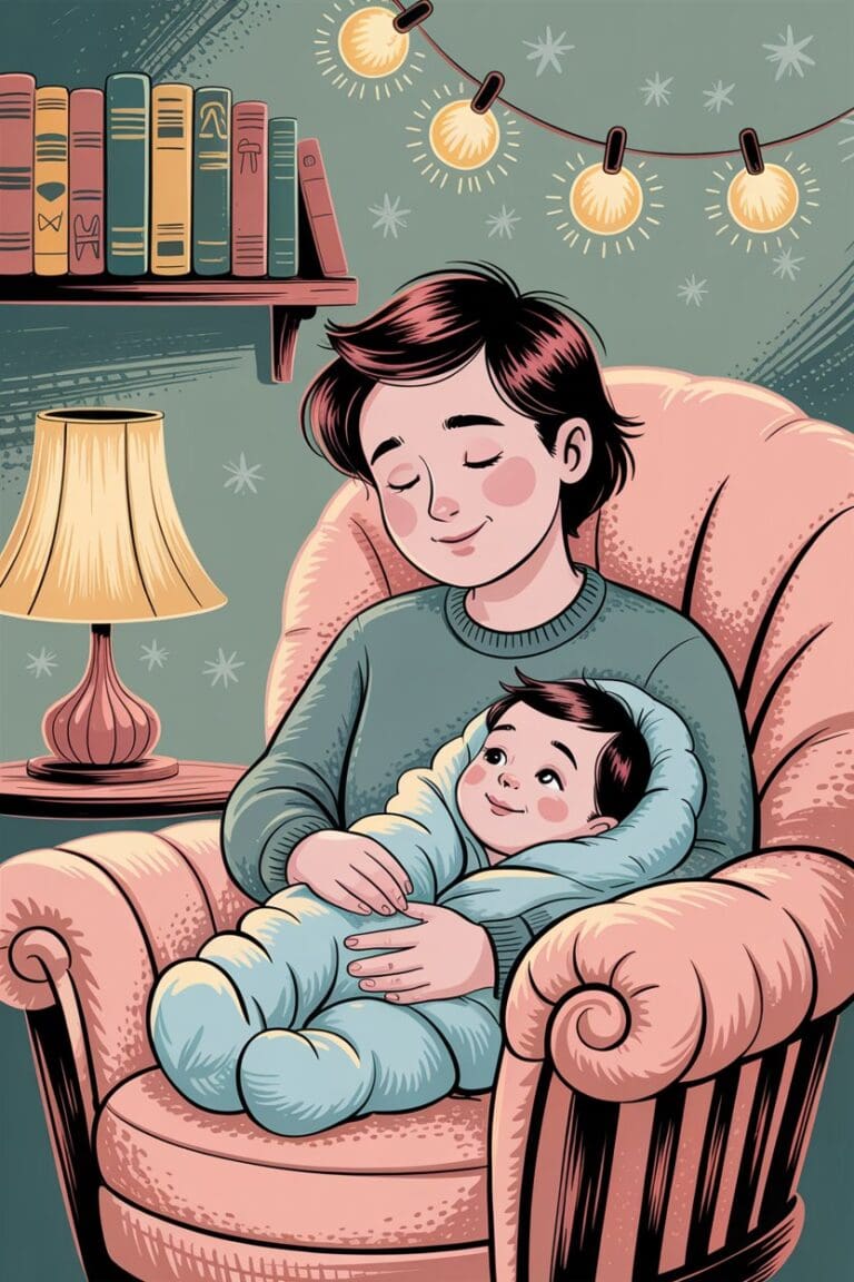 Cartoon image of a tall parent relaxing in a roomy nursery glider, baby in arms, surrounded by soft lighting and books.