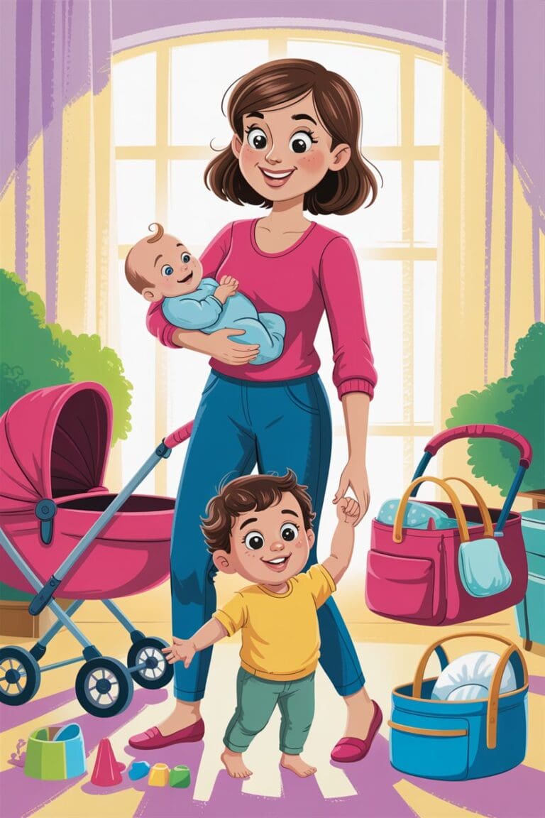 Cartoon of a mom juggling a newborn and a toddler with gear neatly organized around her, highlighting second-time efficiency.