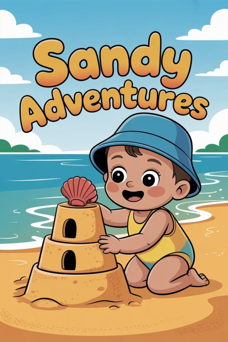 Cartoon-style beach scene with kids playing in the sand, a packed beach bag, sun hats, and a shaded baby tent.