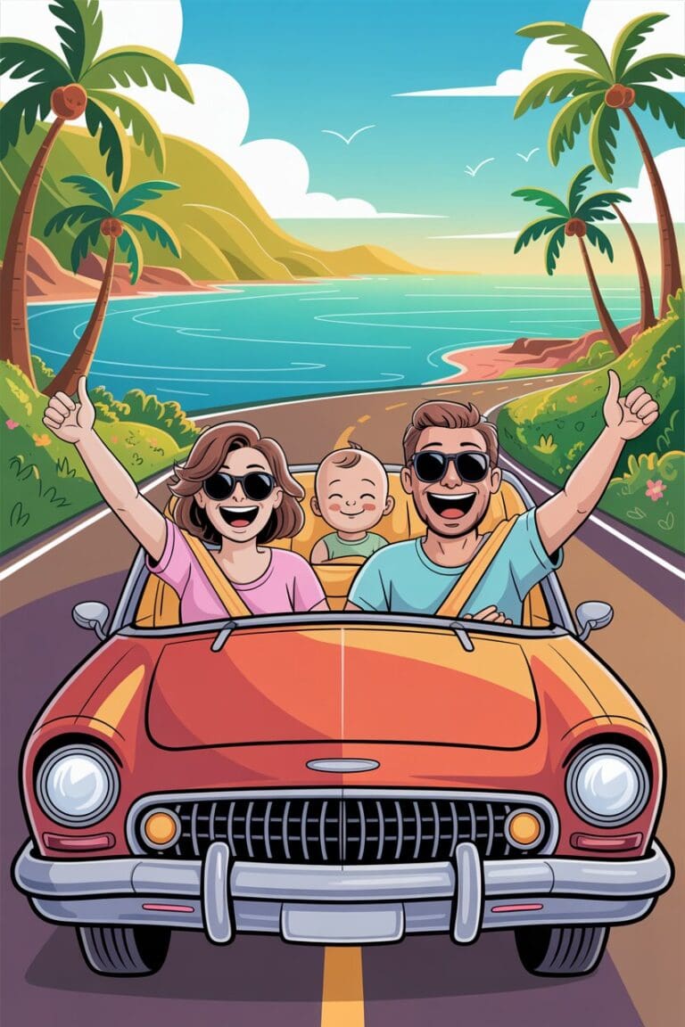 Cartoon-style road trip scene with a packed car, smiling parents, baby in a rear car seat, and scenic background.
